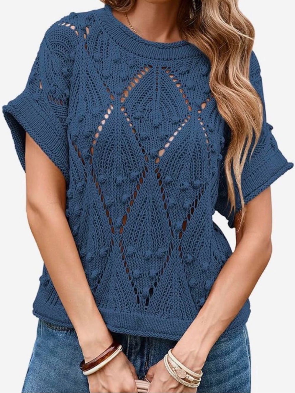 HYFVE Blue Openwork Short Sleeve Knit Sweater